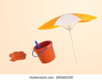 3d Summer Beach Objects Set. Illustration Of A Umbrella, Bucket With Shovel And Seashell For Outdoor Use