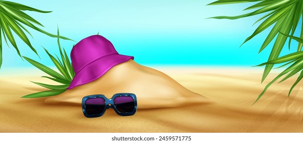 3d summer beach sand podium for product sale vector banner. Vacation and travel ad concept with water, palm leaves, hat and sunglasses illustration. Hot weekend on tropical island promotion mockup