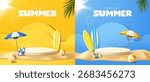 3D Summer Beach Scene with Podium. Set of advertising banners with umbrella, surfboard, tropical elements and pedestal for product presentation and awards. Realistic vector illustration collection
