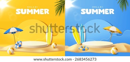 3D Summer Beach Scene with Podium. Set of advertising banners with umbrella, surfboard, tropical elements and pedestal for product presentation and awards. Realistic vector illustration collection