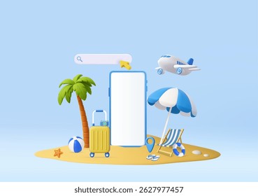 3D summer beach scene with smartphone, airplane, luggage, and search bar representing vacation booking. Concept of vacation and tickets. Mockup copy space display. 3d rendering. Vector illustration