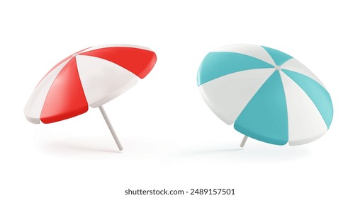 3d summer beach umbrella in blue and red icon. Realistic outdoor sunshade for resort pool or garden. Tropical summertime and striped travel accessories for sun protection isolated render object