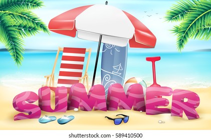 3D Summer Beach Vector Design in the Seashore with Beach Umbrella and Chair Vector Illustration
