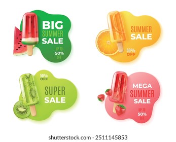 3d verão melhor preço. Brochuras de venda de picolé de fruta de sorvete realista, preços de sol quente oferecem emblema bolha abstrata promo cupom fim de semana de compras, ilustração vetorial exata arte original