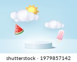 3d summer blu background product display podium scene with cloud platform. background summer vector 3d render with sun, ice cream, watermelon on podium. 3d stand show cosmetic product display blue
