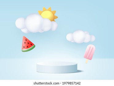 3d summer blu background product display podium scene with cloud platform. background summer vector 3d render with sun, ice cream, watermelon on podium. 3d stand show cosmetic product display blue