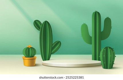 3d verão cacto pódio para o vetor de exibição do produto. Palco cosmético bonito para banner. Interior de sala de estúdio criativo tropical com composição da natureza. Cacti planta para férias pedestal ilustração