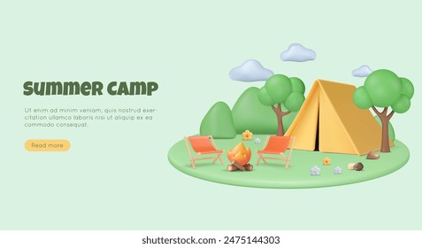 3d summer camping banner concept. Hiking tourism, outdoor adventure. Tent, campfire, folding chairs on lawn with flowers, hills and clouds on background of landscape. Trees render. Vector illustration