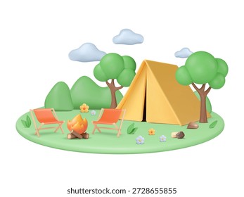 3d summer camping elements on abstract grass podium. Summer camp concept. Cartoon landscape in plastic style. Vector illustration. Outdoor weekend in nature in tent near campfire, recreation trip.