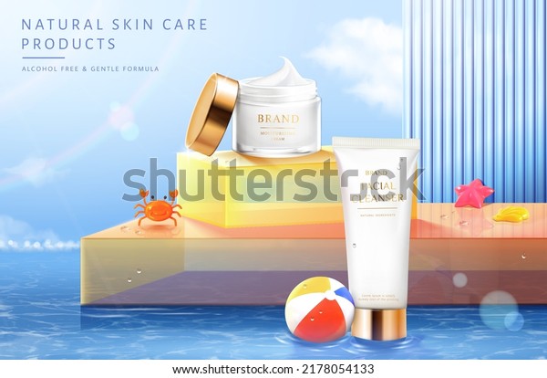 3d summer\
cosmetic ad template. Product mock-ups displayed on stages with\
beach scene and glass divider\
wall.