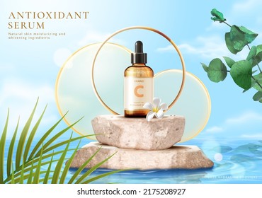 3d producto cosmético de verano y plantilla. Botella de plomo mostrada en el escenario de arenisca con discos de vidrio anaranjado y escenas de agua de mar tropical.