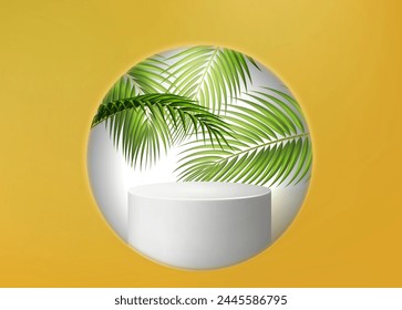 3d summer cosmetic product display podium scene. White platform with palm leaf view in window minimal mockup. Yellow realistic abstract mock up template for tropical advertising or travel presentation