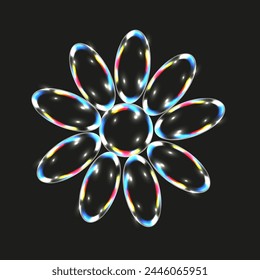 3D summer Flower from Transparent Water Bubbles. Realistic soap Bubbles Daisy with gradient holographic element. Vector illustration can used postcard design. Retro toy.