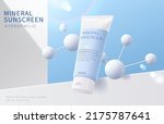 3d summer fresh sunscreen ad banner. Blue plastic tube flying with white molecules in front of white walls.