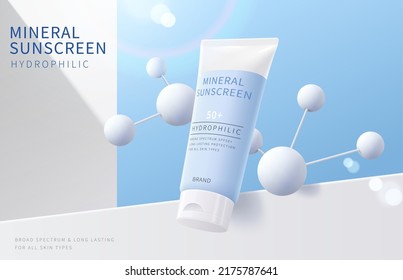 3d summer fresh sunscreen ad banner. Blue plastic tube flying with white molecules in front of white walls. - Shutterstock ID 2175787641