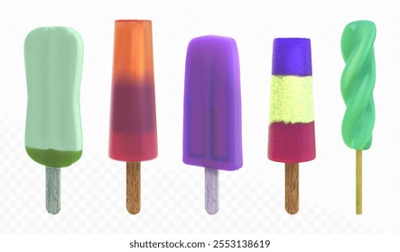 3d summer ice popsicle. Isolated cream on stick realistic illustration. Fruit gradient freeze popstick desserts set. Refreshing tasty snack product with fruity juice design. Frost orange sugar treat