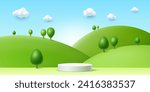 3d summer kid podium with green grass and trees. Vector rendering background in cute childish style with round stage or pedestal at bright summertime landscape, hills and meadow under blue cloudy sky