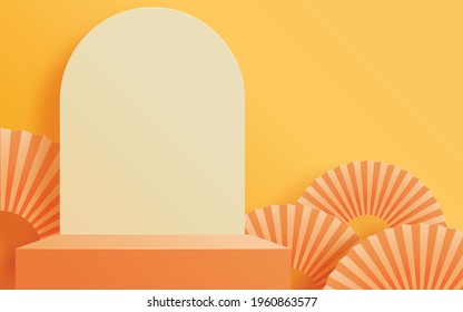 3d summer orange podium background with geometric pedestal composition design, showcase, to show cosmetic product or presentation with craft style on color background.