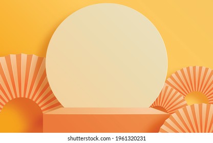 3d summer orange podium background with geometric pedestal composition design, showcase, to show cosmetic product or presentation with craft style on color background.