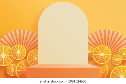 3d summer orange podium background with geometric pedestal composition design, showcase, to show cosmetic product or presentation with craft style on color background.