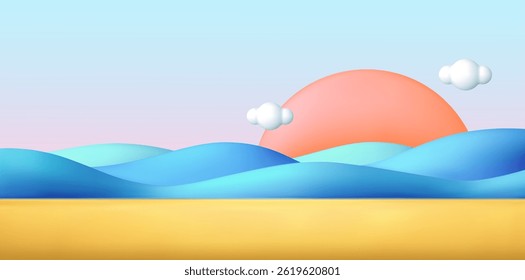 Fondo de podio de verano 3d. Anuncio en venta para niños con mar, sol, playa. Estudio de la exhibición de la historieta para la presentación del producto, Plantilla del descuento de la temporada. Ilustración vectorial