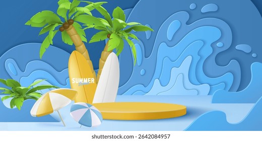3d summer podium scene - tropical beach display with surfboards, palm trees and paper cut ocean waves. Platform with beach umbrella for vacation product showcase, seasonal advertising presentations.