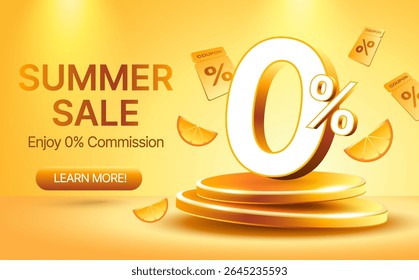 Banner de venda de verão 3d com 0% em um pódio ou palco cercado por cupons de voo ilimitados. Modelo de banner de viagem dourado Premium.