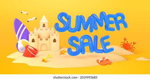 3d summer sale banner. Illustration of sand castle with beach objects and balloon text of summer sale on yellow background svg
