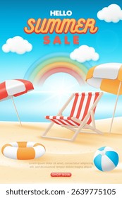 3D Summer sale banner template. special discount promotion sale offer with beach chair, umbrella, ball and rubber ring on beach background for online shop, advertising, web and social media post

