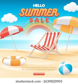 3D Summer sale banner template. special discount promotion sale offer with beach chair, umbrella, ball and rubber ring on beach background for online shop, store, advertising, web and social media
