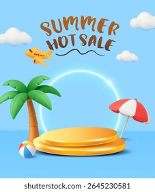 3d summer sale banner template with podium, palm trees, beach umbrella and ball isolated on background. 3d travel discount banner with stage in vector.