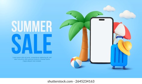 3d summer sale banner template with blank smartphone mockup surrounded by palm tree, luggage, umbrella and beach ball. 3d travel discount banner in vector illustration