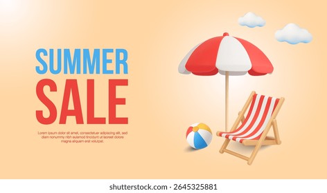 3d summer sale banner template with beach chair, umbrella and beach ball isolated on gradient background with flying clouds. Travel discount banner template in 3d vector