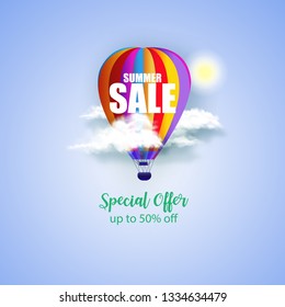 3D summer Sale Concept  with Hot Air Balloon in blue Sky. Vector illustration