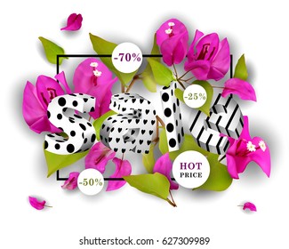 3d. Summer Sale. Discounts. End of season. Concept. Advertising background with bulky convex text and tropical flowers Bougainvillea. Template. Vector illustration EPS10