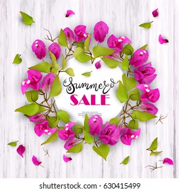 3d. Summer Sale. Discounts. End of season.  Advertising background with tropical flowers Bougainvillea and lettering against white wood. Concept. Vector illustration.