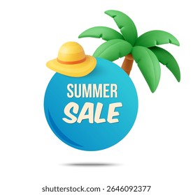 3d summer sale label or badge with beach hat and palm tree icon, isolated on white background. Summer sale banner tag in 3d vector