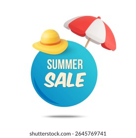 3d summer sale label or bag with beach hat and umbrella icon, isolated on white background. Summer sale banner tag in 3d vector
