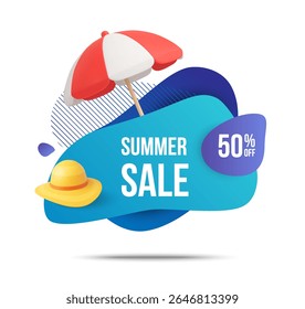 3d summer sale label or bag with beach umbrella and beach hat icon, isolated on white background. Summer sale banner tag in 3d vector
