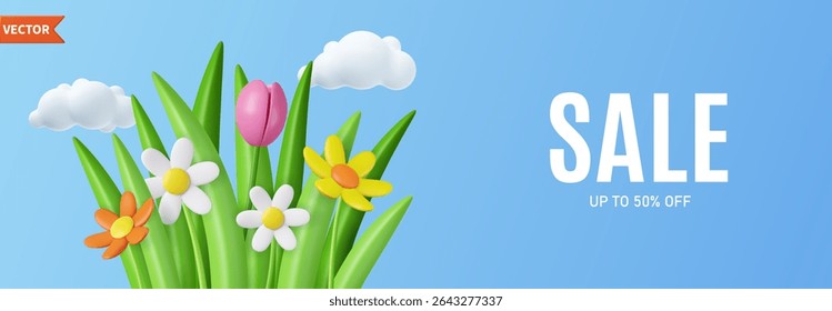 3d Summer sale poster, banner or voucher template, tulips daisy in grass. Place for text. Mother s day border, birthday frame design, promo card. 3D rendering. Vector illustration