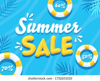 3D Summer Sale Text with Different Discount Offers and Swimming Rings on Blue Background.