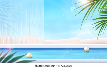 3d summer scene design with luxury resort swimming pool and beautiful sunny desert landscape. Suitable for product display.