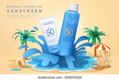 3d summer sunscreen ad template. Cosmetic product mock-ups flying on paper cut water splashes with beach theme decoration. Concept of water resistance.