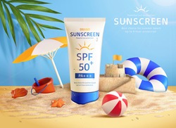3d Summer Sunscreen Cream Ad. Illustration Of Sunblock Product Placed On A Tropical Beach With Sand Toys Around