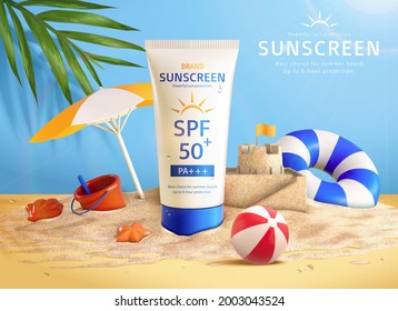 3d summer sunscreen cream ad. Illustration of sunblock product placed on a tropical beach with sand toys around