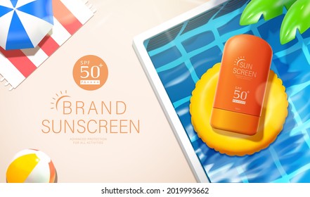 3d summer sunscreen cream ad. Illustration of sunblock product placed on a swim ring in swimming pool