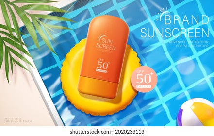 3d summer sunscreen cream ad. Illustration of sunblock product placed on a swim ring in swimming pool