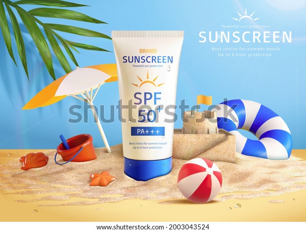 3d summer\
sunscreen cream ad. Illustration of sunblock product placed on a\
tropical beach with sand toys\
around
