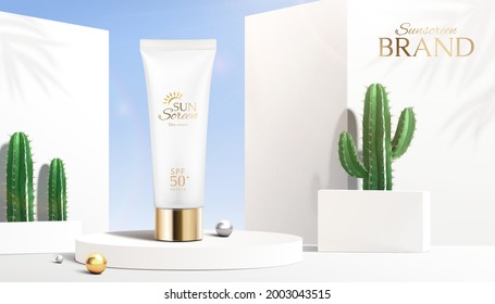 3d summer sunscreen tube ad. Illustration of sunblock product displayed on round podium and cacti standing on two sides of it