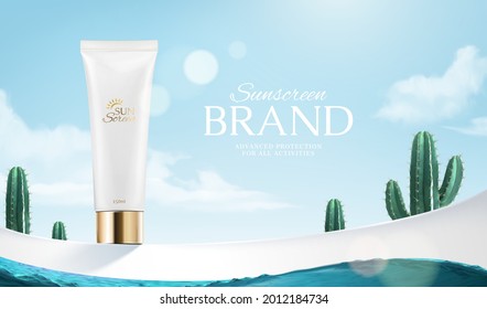 3d summer sunscreen tube ad banner. Illustration of sunblock product display on poolside platform with cactus in the background